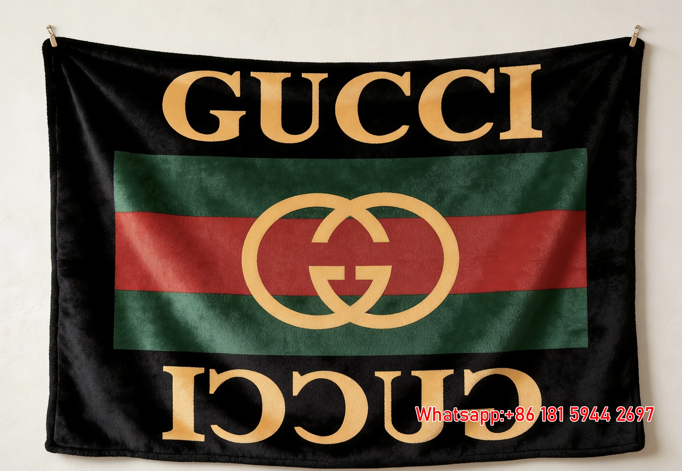 Gucci Web Stripe GG Logo Flannel Blanket – Wall Hanging Decor Gucci throw blankets IMG_2549